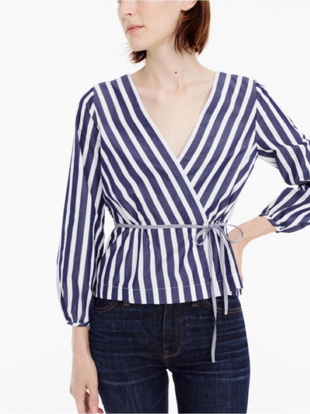 J. Crew Navy and White Striped Wrap Tie Blouse